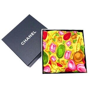 Authentic W Box CHANEL Silk Scarf Multicolor w Green Gemstones Jewelry Beautiful